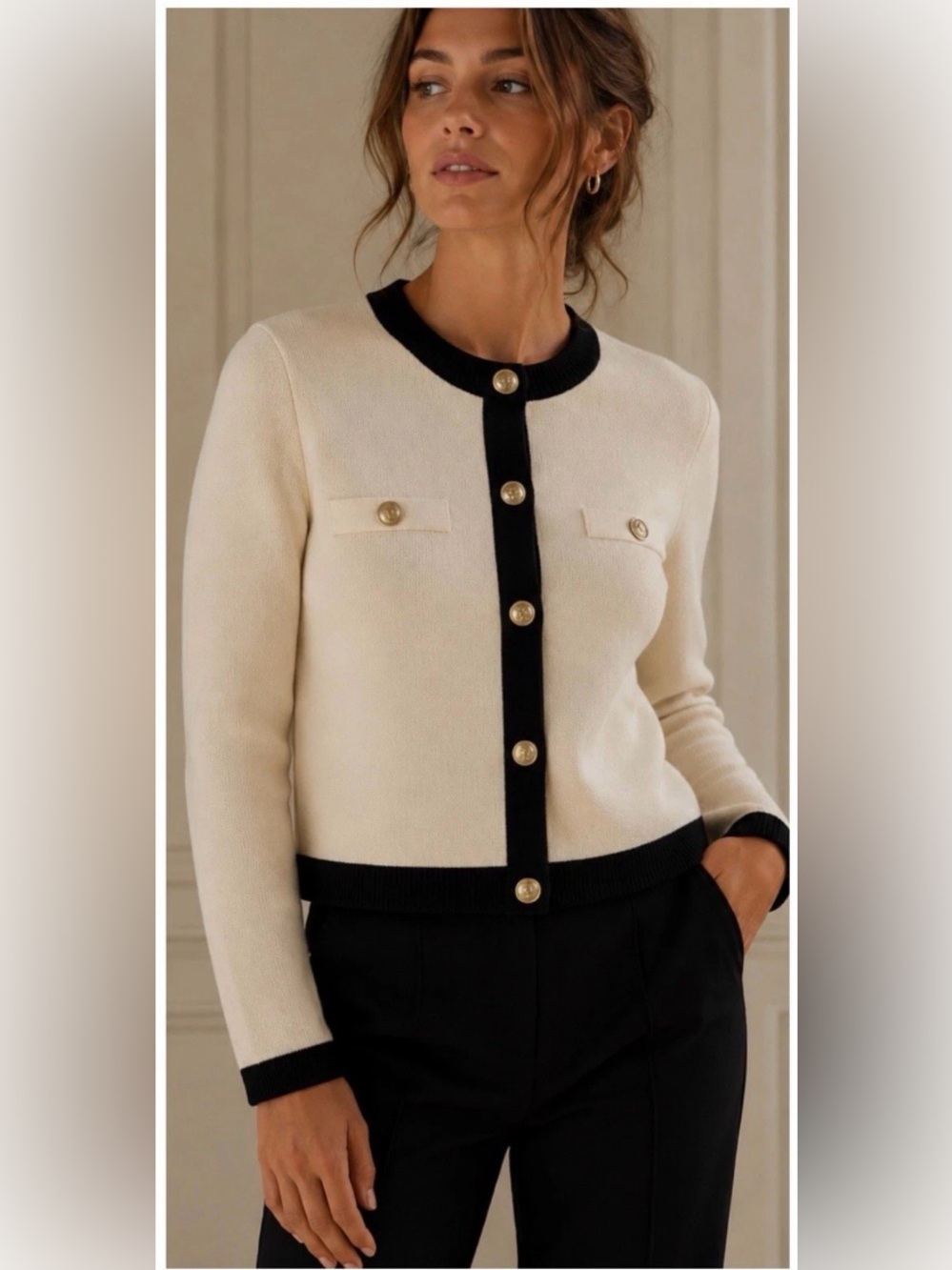 ZARA Knit Blazer Top Gold Tone Buttons Ecru Cream Black Old Money Size XL
